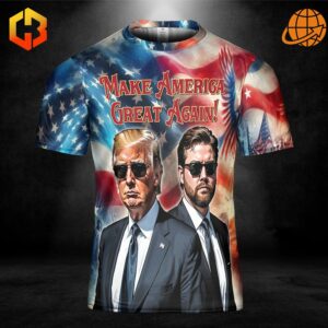 Trump Vance 2024 Make America Great Again Shirt with vibrant American flag background, showcasing support for Trump and Vance in 2024.