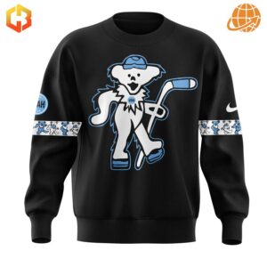 Front view of the Utah Hockey Club Grateful Dead Night Sweatshirt featuring a black base, Grateful Dead bear graphic with a hockey stick, and light blue accents.