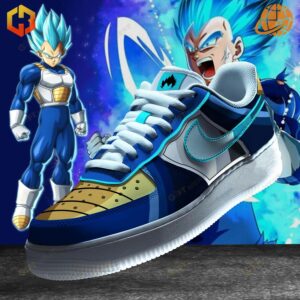 Vegeta Dragon Ball Nike Air Force 1 sneakers featuring blue, gold, and white color scheme, with turquoise swoosh, displayed alongside animated Vegeta character.