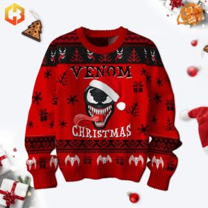 Venom Christmas Sweater featuring Venom's face with Santa hat on red background, surrounded by holiday patterns and symbols.