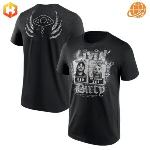 WWE Dom & Liv Livin' Dirty Shirt in black, showing front design with wrestler mugshots and back design with winged eye symbol.