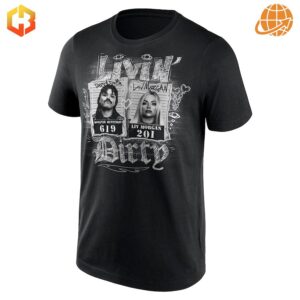 Close-up of WWE Dom & Liv Livin' Dirty Shirt front design, showing detailed mugshot artwork and graffiti-style elements.