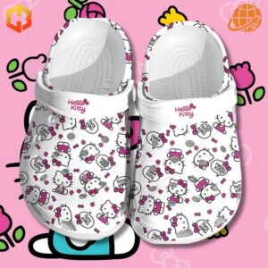 White Hello Kitty Crocs Shoes displayed with cartoon flowers and Hello Kitty elements on a pink background.