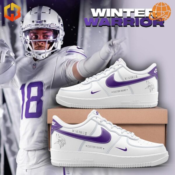 Winter Warrior Minnesota Vikings Nike Air Force 1 sneakers in white and purple, displayed with a customizable name option.