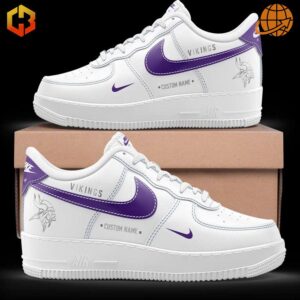 Side view of Winter Warrior Minnesota Vikings Nike Air Force 1 sneakers featuring purple swoosh and logo on a white background.