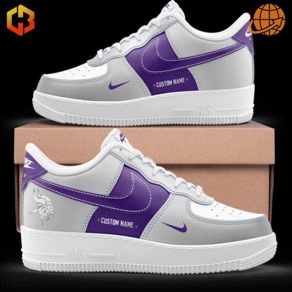 Angle view of Winter Warrior Minnesota Vikings Nike Air Force 1 sneakers featuring unique design elements and vibrant purple details.
