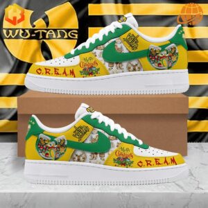 Wu-Tang Clan Merry Christmas Nike Air Force Shoes with yellow and green design, featuring Wu-Tang logo and Christmas imagery.