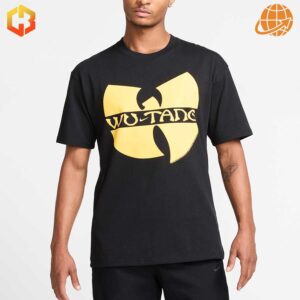 Front view of Wu-Tang Clan x Cream Shirt with yellow Wu-Tang Clan logo on a black background.