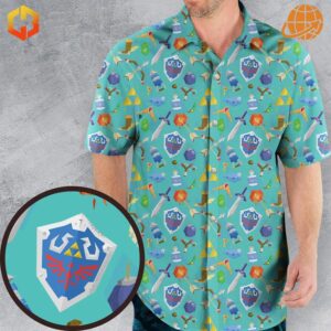 Zelda-themed Hawaiian shirt with turquoise background and game icons