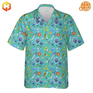 Full view of Zelda-inspired Hawaiian shirt with game motifs