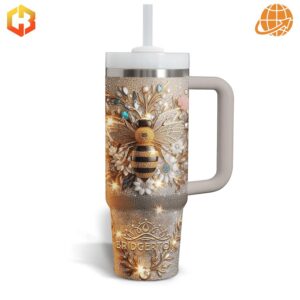 Bridgerton Diamond Bee Stanley Tumbler back with diamond bee design and metallic accents.