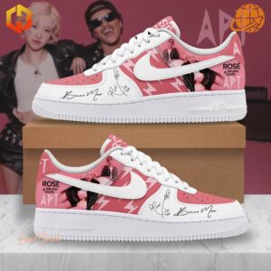 Side view of Bruno Mars Rosé APT Nike Air Force Shoes with pink and white design.