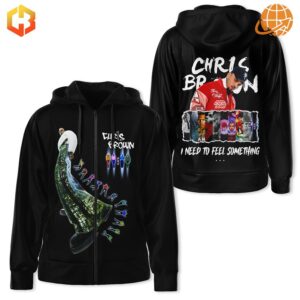 Black zip-up hoodie displaying Chris Brown's peacock feather design on front and portrait collage on back.