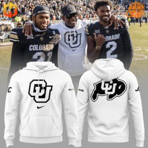 Colorado Buffaloes football players wearing white and black hoodies with CU logo and American flag design.