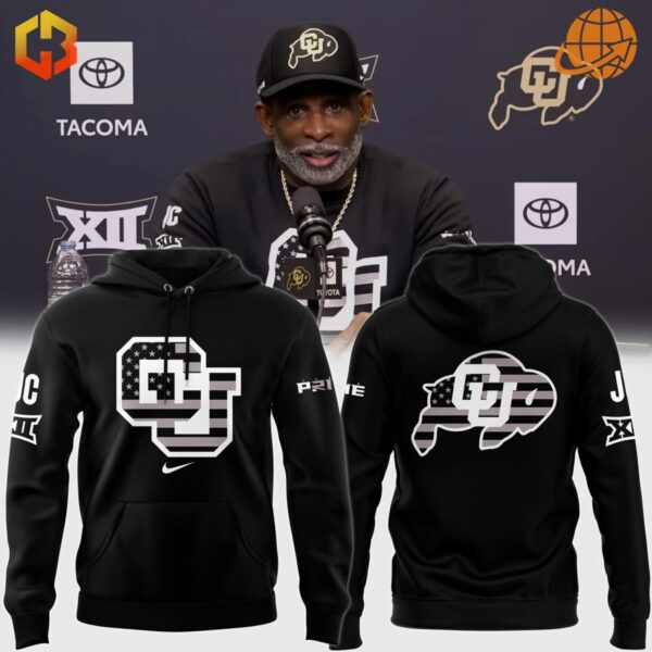 Coach in CU cap with black and white Colorado Buffaloes Prime 2024 Hoodies shown beneath.