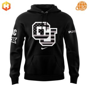 Black hoodie with CU logo in American flag design on front and buffalo silhouette on back, part of Colorado Buffaloes Prime 2024 collection.