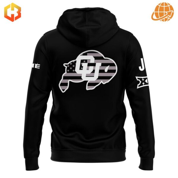 Back of black Colorado Buffaloes Prime 2024 Hoodie showing buffalo silhouette with American flag pattern and additional branding.