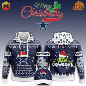 Dallas Cowboys Christmas hoodie with Grinch design, snowflake patterns, and team logos on navy background.