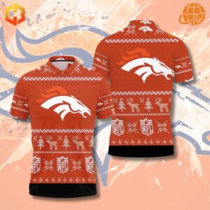 Orange Denver Broncos polo shirt with a festive Christmas-themed design