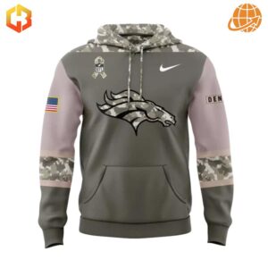 Front view of the Denver Broncos Mile High Salute Hoodie featuring the Broncos logo, Salute to Service ribbon, and camouflage-accented hood and shoulders.