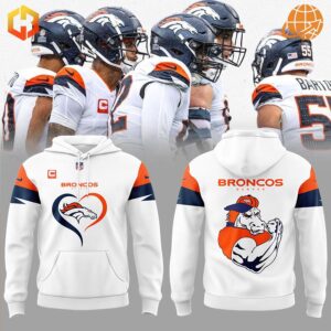 Denver Broncos players and white hoodies with team logos and mascot designs