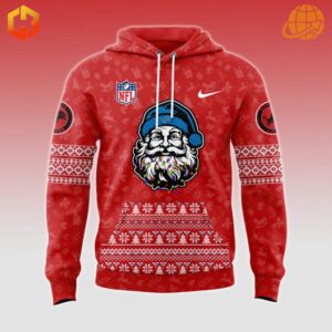 Front design of the Detroit Lions Merry Christmas Hoodie showcasing a jolly Santa Claus in Lions colors, the official NFL logo, and Christmas-themed patterns.