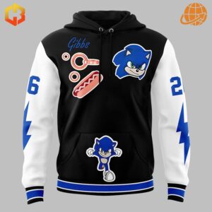 Close-up of Detroit Lions Sonic Hoodie front design with Sonic imagery and icons.