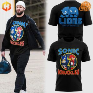 Detroit Lions Sonic Knuckles Shirt with Sonic and Knuckles graphic surrounded by a bold lightning strike.