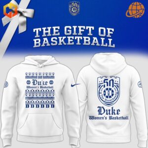 White Duke Women's Basketball hoodie and t-shirt with blue winter-themed pattern and 50th anniversary shield logo