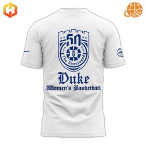 Back of white Duke Women's Basketball t-shirt displaying blue 50th anniversary shield logo