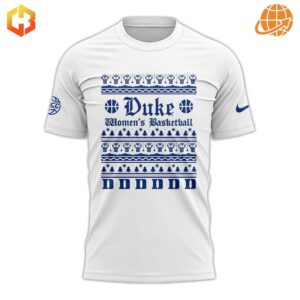 White t-shirt with blue Duke Women's Basketball logo and festive winter pattern.