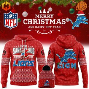 Even Santa Claus Cheers for Detroit Lions Hoodie featuring festive Christmas patterns, Detroit Lions logo on front and back, and matching beanie with pom-pom.