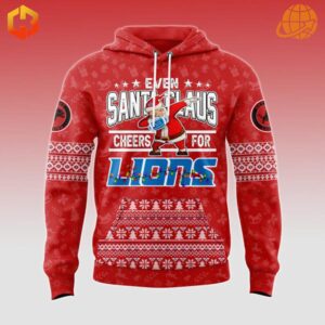 Front design of the Even Santa Claus Cheers for Detroit Lions Hoodie showcasing Santa Claus cheering for the Lions with Christmas-themed patterns and bold Lions logo.