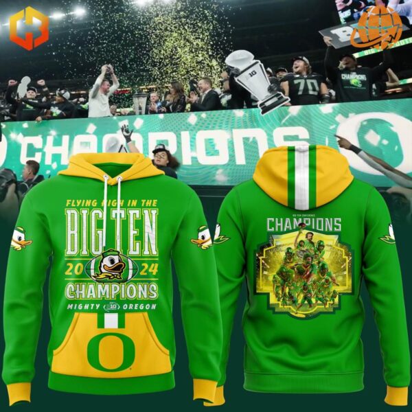 Front and back views of the Fly High In The Big Ten Champions Oregon Ducks Hoodie with dynamic graphics celebrating the Ducks' 2024 Big Ten Championship, featuring a green and yellow color scheme and bold illustrations.