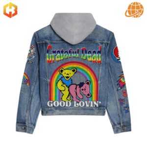 Back view of the Grateful Dead Good Lovin Hooded Denim Jacket with a large graphic of dancing bears under a rainbow.