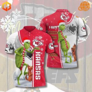 Grinch-themed Kansas City Chiefs polo shirt with vibrant design and team logo