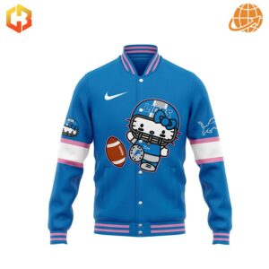 Blue and white baseball jacket with Hello Kitty and the Detroit Lions logo