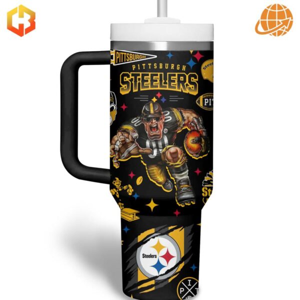 Here We Go Pittsburgh Steelers NFL Stanley Tumbler with player image and team colors.