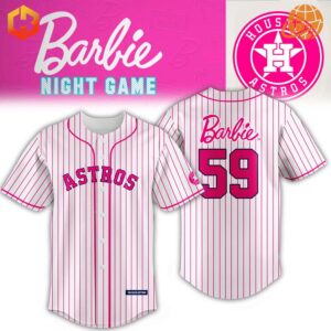 Front view of the Houston Astros Barbie Night Game Baseball Jersey with pink "Astros" lettering and pink pinstripes.