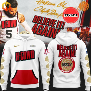 Houston Rockets H-town Believe It Again Hoodie product collage showing front and back designs with player image.