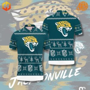 Jacksonville Jaguars Christmas Polo Shirt. Teal polo with Jaguars logo and subtle holiday accents.