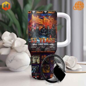 Judas Priest 55th Anniversary Stanley Tumbler next to white flowers, showcasing detailed band artwork.