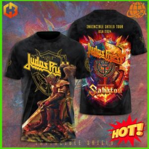 Judas Priest Invincible Shield World Tour 2024 Shirt featuring a warrior design on the front and colorful band logo on the back