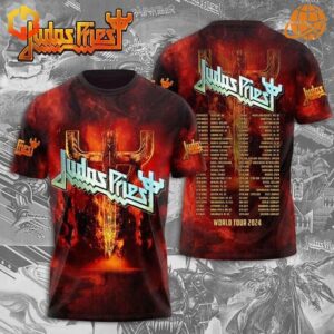 Judas Priest World Tour 2024 Shirt front view with fiery background, metallic logo, and bold trident design.