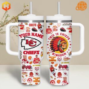 White Kansas City Chiefs Native American Stanley Tumbler with vibrant team graphics and logos.