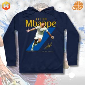 Represent your passion for Real Madrid and Kylian Mbappé with this officially licensed hoodie, featuring his signature and team logo.