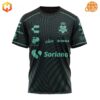 Santos Laguna away jersey with black and teal pattern, displaying Soriana and other sponsor logos.