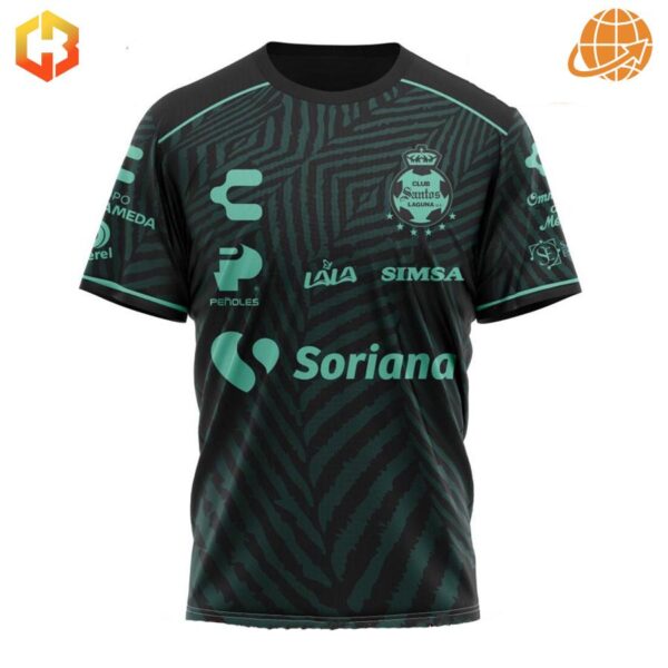 Santos Laguna away jersey with black and teal pattern, displaying Soriana and other sponsor logos.