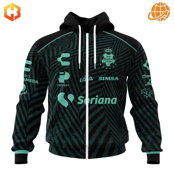 Santos Laguna zip-up hoodie displaying team crest and sponsor logos on black and teal pattern.