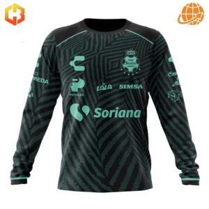 Long-sleeved Santos Laguna away jersey with black and teal pattern and sponsor logos.